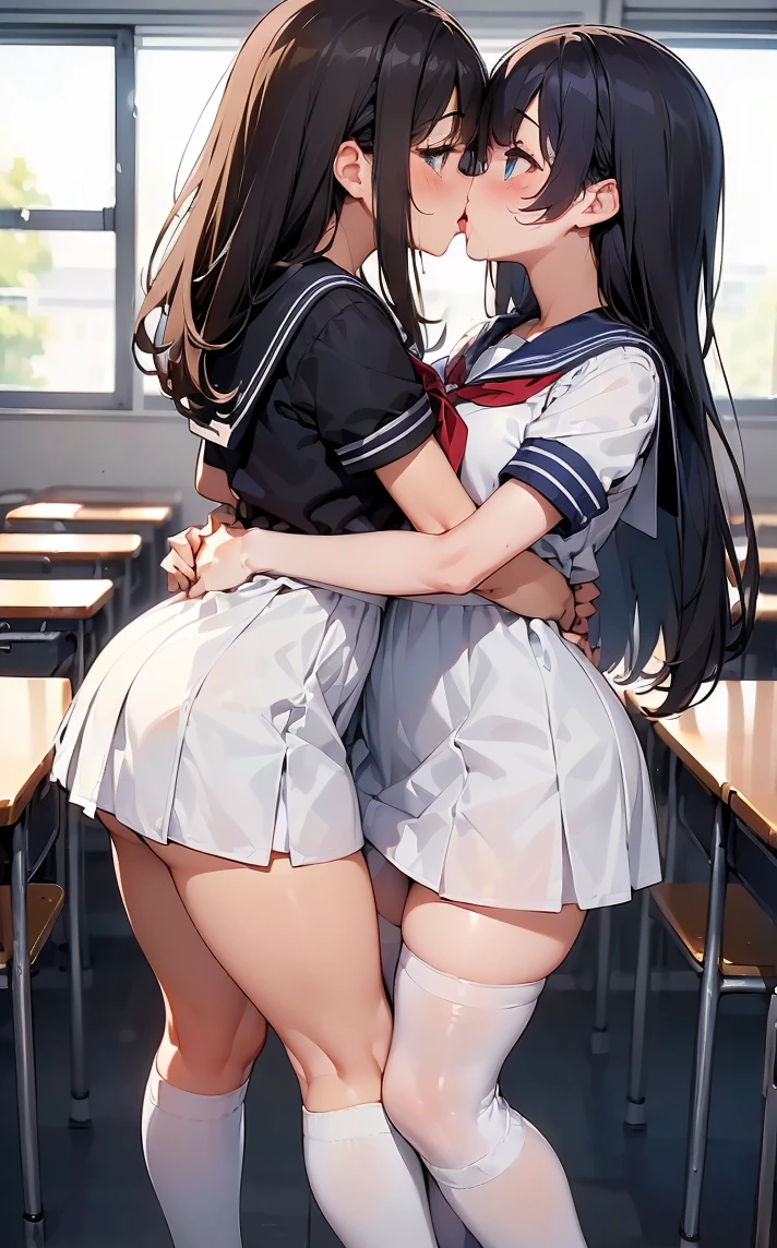 (Cute eyes:1.2), (classroom:1.2),(Beautiful Eyes:1.2), Highest quality,wonderful,finely,Highly detailed CG Unity 8K wallpapers, (Hug from behind:1.3),(kiss:1.3),(Two people with height difference:1.5), (Two Girls, Sailor suit, Skinny body, Dressed), (Huge breasts), (Open your mouth:1.1),(White knee socks:1.3),(Thighs:1.3),(Waistline:1.2),(お揃いのSailor suit:1.2),(From behind:1.2),(Beautiful Eyes:1.2),(Different hairstyles),(Their eyes are different colors:1.5),(Their skin colours are different:1.5),(Don&#39;t cross your arms:1.2),(Face close-up:1.6),(Licking the face:1.5),(The lower body is not shown:1.3)