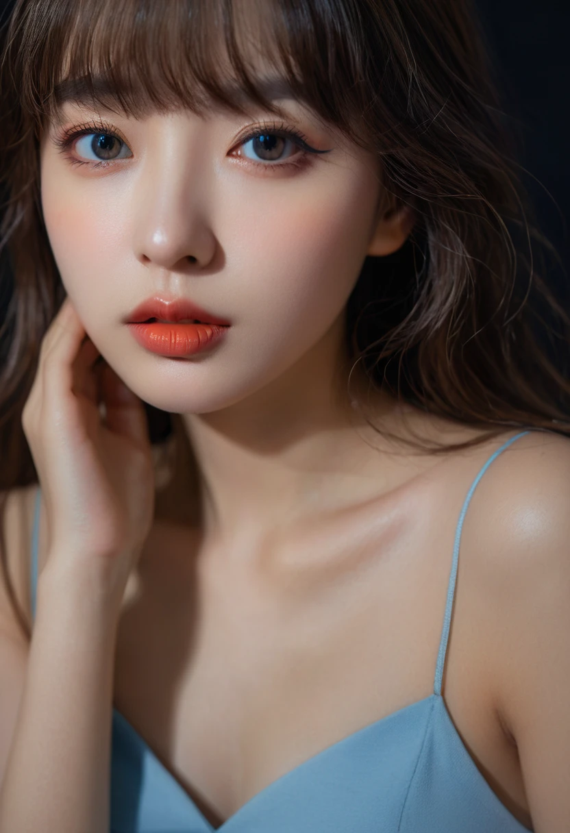 8K, best quality, 1 Girl, (Skin Indentation), night, (dark), Indoor clear background, (people), Beautiful bangs, Gorgeous,, (Clothing and:1.3),Soft lighting, attractive, dark Room, (mouth close:1.2, beautiful eyes, Delicate eyes, Detailed iris, Beautiful lips, Beautiful nose, Pretty Face),(primary color:1.5)