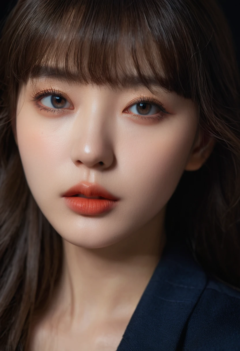 8K, best quality, 1 Girl, (Skin Indentation), night, (dark), Indoor clear background, (people), Beautiful bangs, Gorgeous,, (Clothing and:1.3),Soft lighting, attractive, dark Room, (mouth close:1.2, beautiful eyes, Delicate eyes, Detailed iris, Beautiful lips, Beautiful nose, Pretty Face),(primary color:1.5)