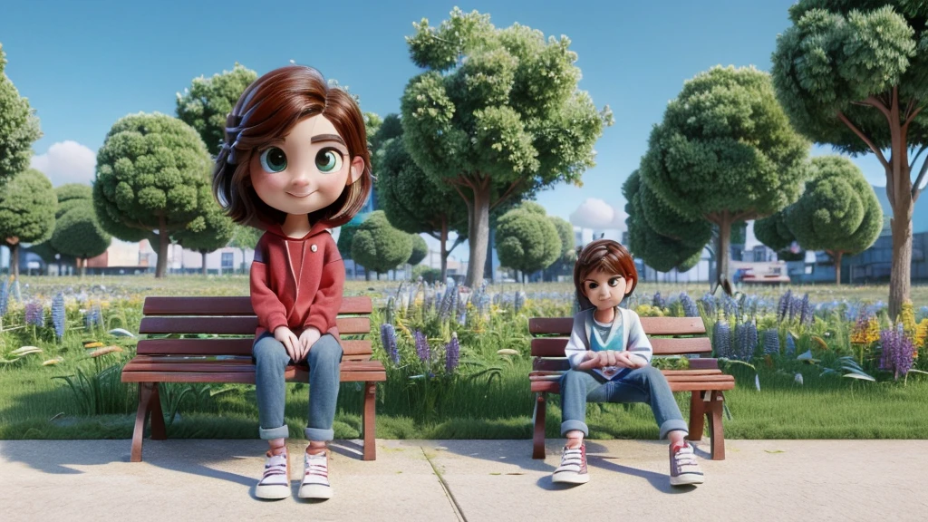 Create a 3D animation image from Pixar, the character is a man with short brown hair, brown eyes, light skin, blue blouse, jeans and black sneakers. He is sitting on a bench in a square with a tired face. Ensure the illustration has a warm and inviting atmosphere, the image is rendered in high definition, capturing the exciting essence of the moment, and the composition exudes cinematic quality, Typography, Concept Art, Photo, Illustration, 3D Rendering, Cinematic , poster, vibrant, portrait photography, that is visually appealing to young people, use vibrant colors.