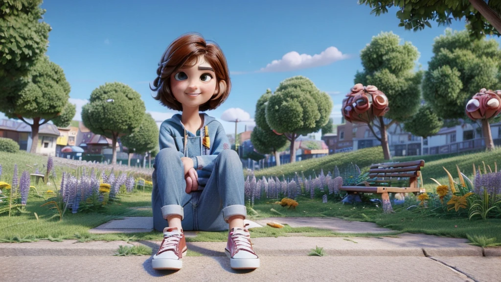 Create a 3D animation image from Pixar, the character is a man with short brown hair, brown eyes, light skin, blue blouse, jeans and black sneakers. He is sitting on a bench in a square with a tired face. Ensure the illustration has a warm and inviting atmosphere, the image is rendered in high definition, capturing the exciting essence of the moment, and the composition exudes cinematic quality, Typography, Concept Art, Photo, Illustration, 3D Rendering, Cinematic , poster, vibrant, portrait photography, that is visually appealing to young people, use vibrant colors.