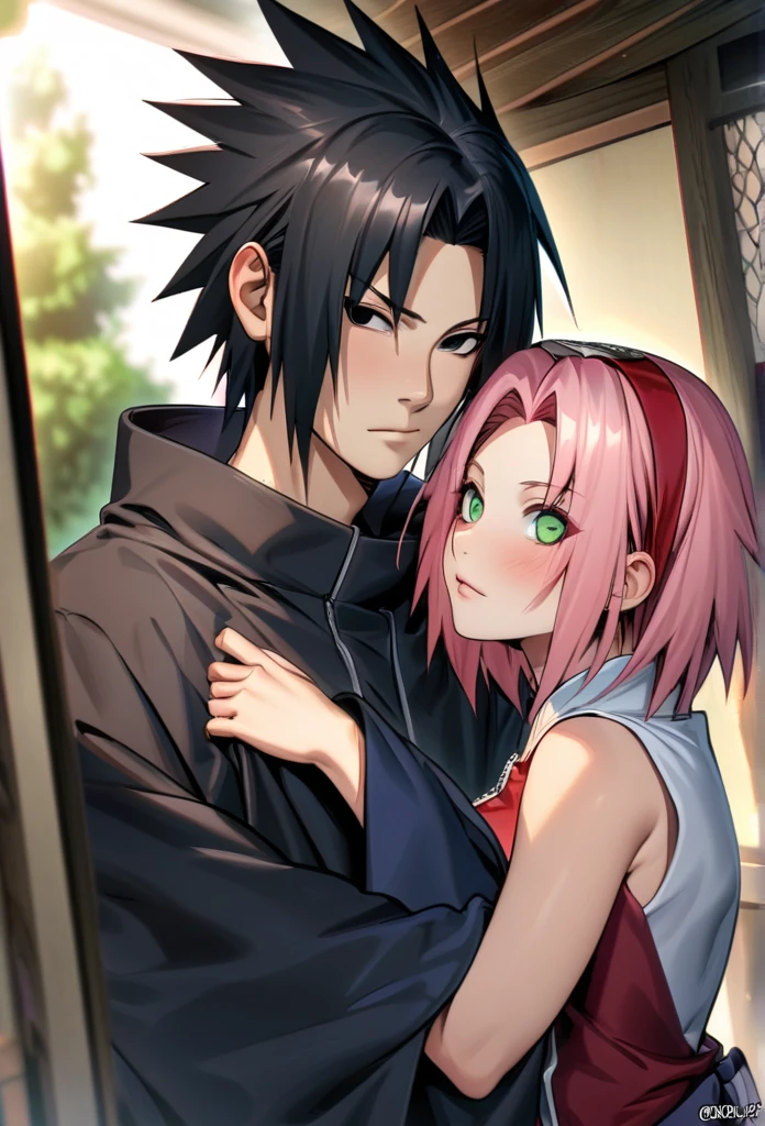 Ultra detailed, Highres, absurdres, HDR, uchiha sasuke, black hair, black eyes, Haruno Sakura, pink hair, green eyes, Naruto Shippuden, 1 man with 1 taking pictures together 