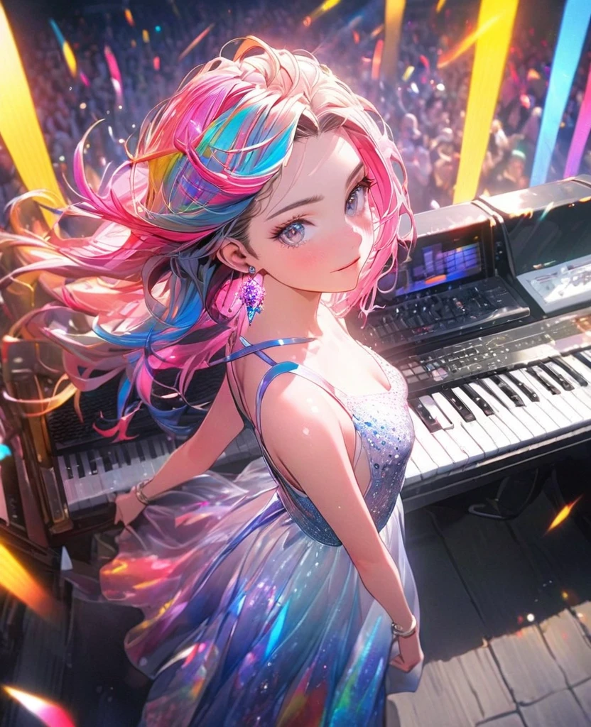 8K,beautiful girl，an extremely delicate and beautiful,Beautiful and realistic skin,Shiny jewel-like earrings,Shining brightly colorful hair,beautiful eyes,full body, musician,keyboard player