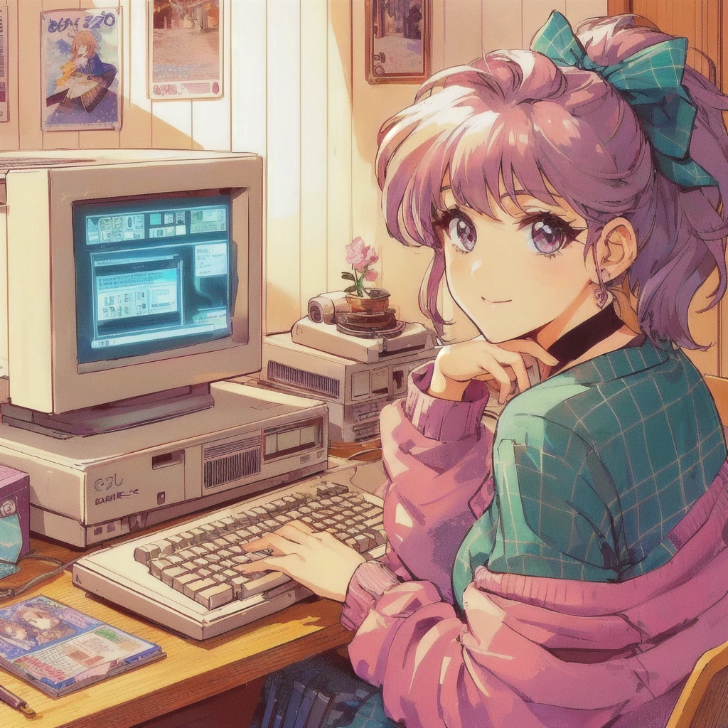 Anime girl sitting at a desk typing on a computer,80's anime vibe, Retro Anime Girls, 80's PC,80s poster,80s anime art style, 80s anime style, 1980's anime style, In 80s anime art style, Lo-fi Girl