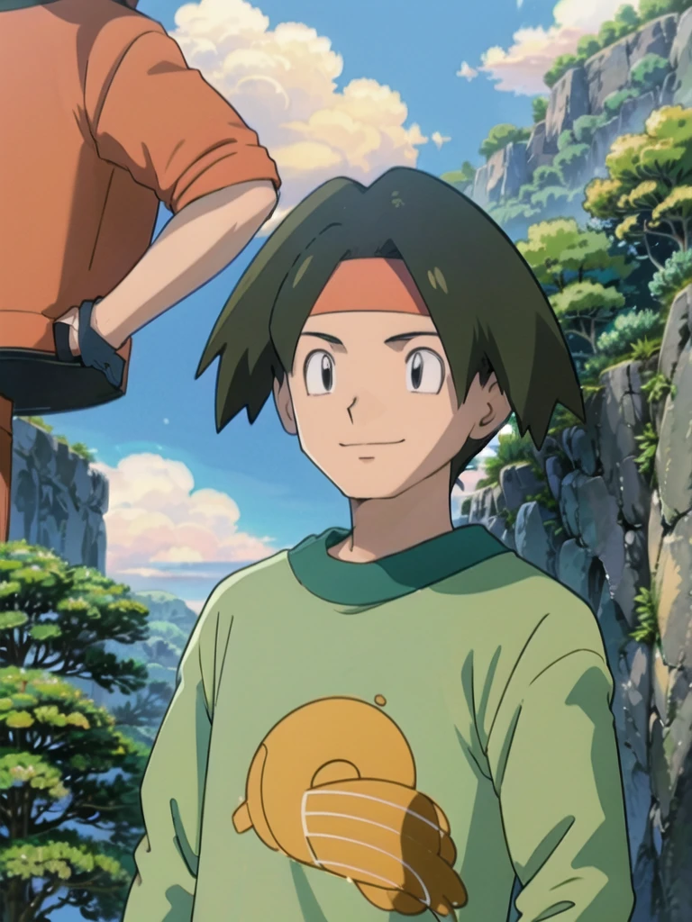 Tracey, solo, smile, shirt, 1boy, closed mouth, upper body, male focus, outdoors, sky, cloud, black eyes, green shirt, anime coloring pokemovies, sugimori ken, ken sugimori ken \(style\), masterpiece, 8k, best quality, happy, smile, anime screencap, zoom out, landscape, sea, daytime, sunlight, concept art, anime background,