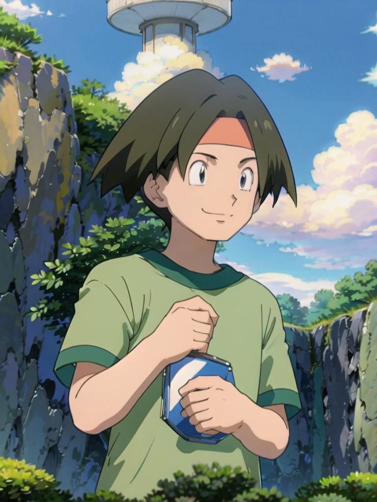 Tracey, solo, smile, shirt, 1boy, closed mouth, upper body, male focus, outdoors, sky, cloud, black eyes, green shirt, anime coloring pokemovies, sugimori ken, ken sugimori ken \(style\), masterpiece, 8k, best quality, happy, smile, anime screencap, zoom out, landscape, sea, daytime, sunlight, concept art, anime background,
