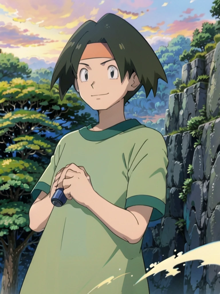 Tracey, solo, smile, shirt, 1boy, closed mouth, upper body, male focus, outdoors, sky, cloud, black eyes, green shirt, anime coloring pokemovies, sugimori ken, ken sugimori ken \(style\), masterpiece, 8k, best quality, happy, smile, anime screencap, zoom out, landscape, sea, daytime, sunlight, concept art, anime background,