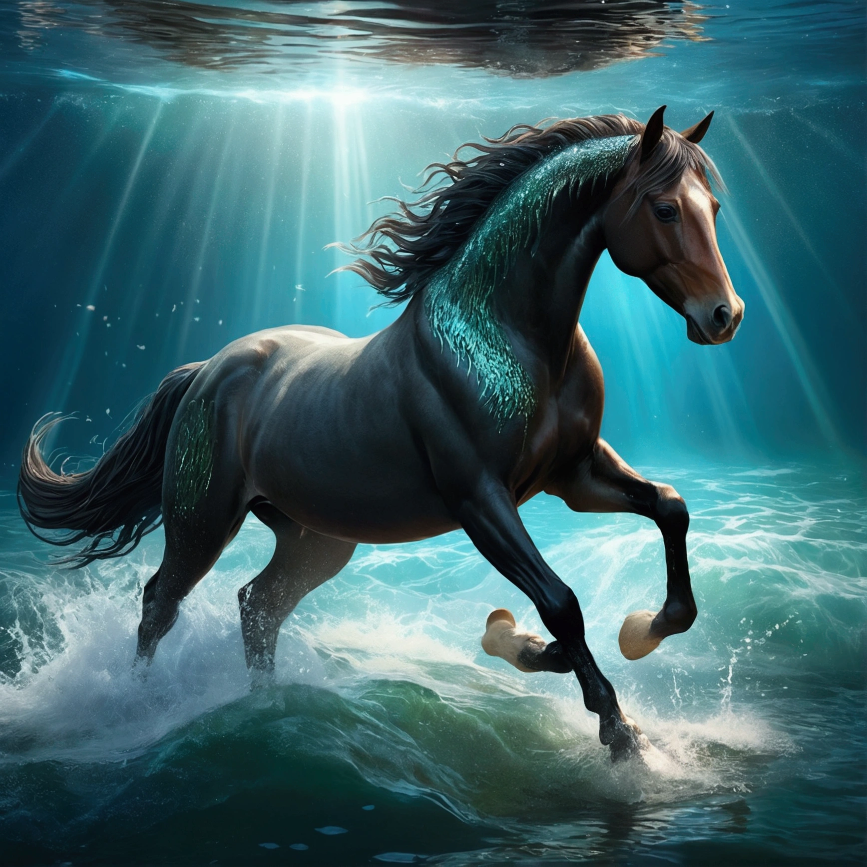 Highest quality,4K,High resolution,masterpiece:1.2,Very detailed,((Sea))、Realistic, kelpie, Horse and fish mix, Horse with fish tail in front of back, Shimmering Scales,Coming out of the water,kelpie,Mythical creatures,Sparkling Light,Realistic water texture,Wet and shiny appearance,Wavy reflection,Aura of mythology,water scenery,A commanding presence,natural environment,Serene atmosphere,The existence of mysterious creatures,Fantastic lighting,Graceful Movement,superpower,Peaceful and quiet environment,Fantasy Creatures,Captivating beauty,Powerful and captivating gaze,Fine details,Mythical creaturesの神話,slender and elegant figure,,Nature-inspired elements,Subtle shades,Detailed Texture,Mythical Beings,Deep in the waves,Lower body in water,Mythical horse-like features,water cascading,Dynamic and energetic poses