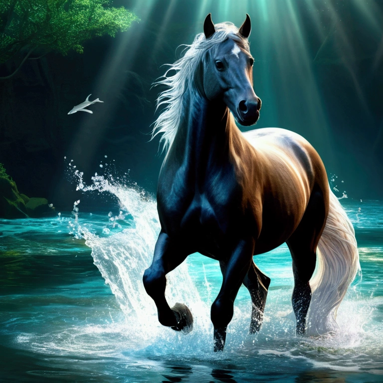 Highest quality,4K,High resolution,masterpiece:1.2,Very detailed,((Sea))、Realistic, kelpie, Horse and fish mix, Horse with fish tail in front of back, Shimmering Scales,Coming out of the water,kelpie,Mythical creatures,Sparkling Light,Realistic water texture,Wet and shiny appearance,Wavy reflection,Aura of mythology,water scenery,A commanding presence,natural environment,Serene atmosphere,The existence of mysterious creatures,Fantastic lighting,Graceful Movement,superpower,Peaceful and quiet environment,Fantasy Creatures,Captivating beauty,Powerful and captivating gaze,Fine details,Mythical creaturesの神話,slender and elegant figure,,Nature-inspired elements,Subtle shades,Detailed Texture,Mythical Beings,Deep in the waves,Lower body in water,Mythical horse-like features,water cascading,Dynamic and energetic poses