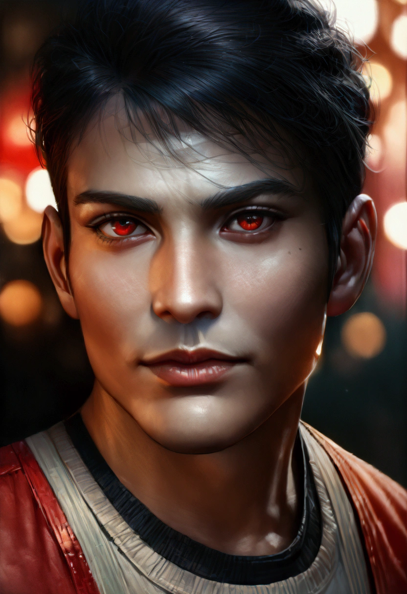 A handsome young boy with charming black hair and white strands, red eyes looking seductively, wearing a , with a juicy neck, smooth skin, and long lashes, in a red environment, portrait, 3/4 face view, (best quality,4k,8k,highres,masterpiece:1.2),ultra-detailed,(realistic,photorealistic,photo-realistic:1.37),HDR,UHD,studio lighting,ultra-fine painting,sharp focus,physically-based rendering,extreme detail description,professional,vivid colors,bokeh,portrait