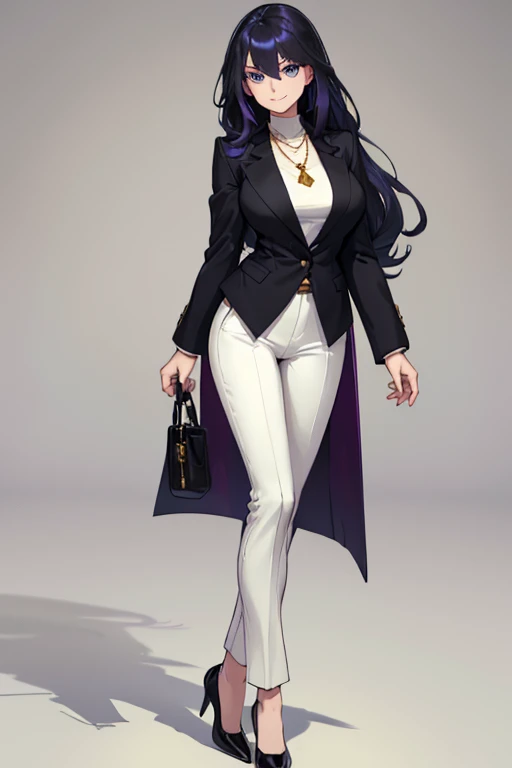female, pale purple long hair, blue eyes, (((1girl))), (((black blazer))), (white turtleneck shirt), (tan pants), (black heels), (necklace with gold pendant), cute and sexy, full body, big breasts, long legs, smiling