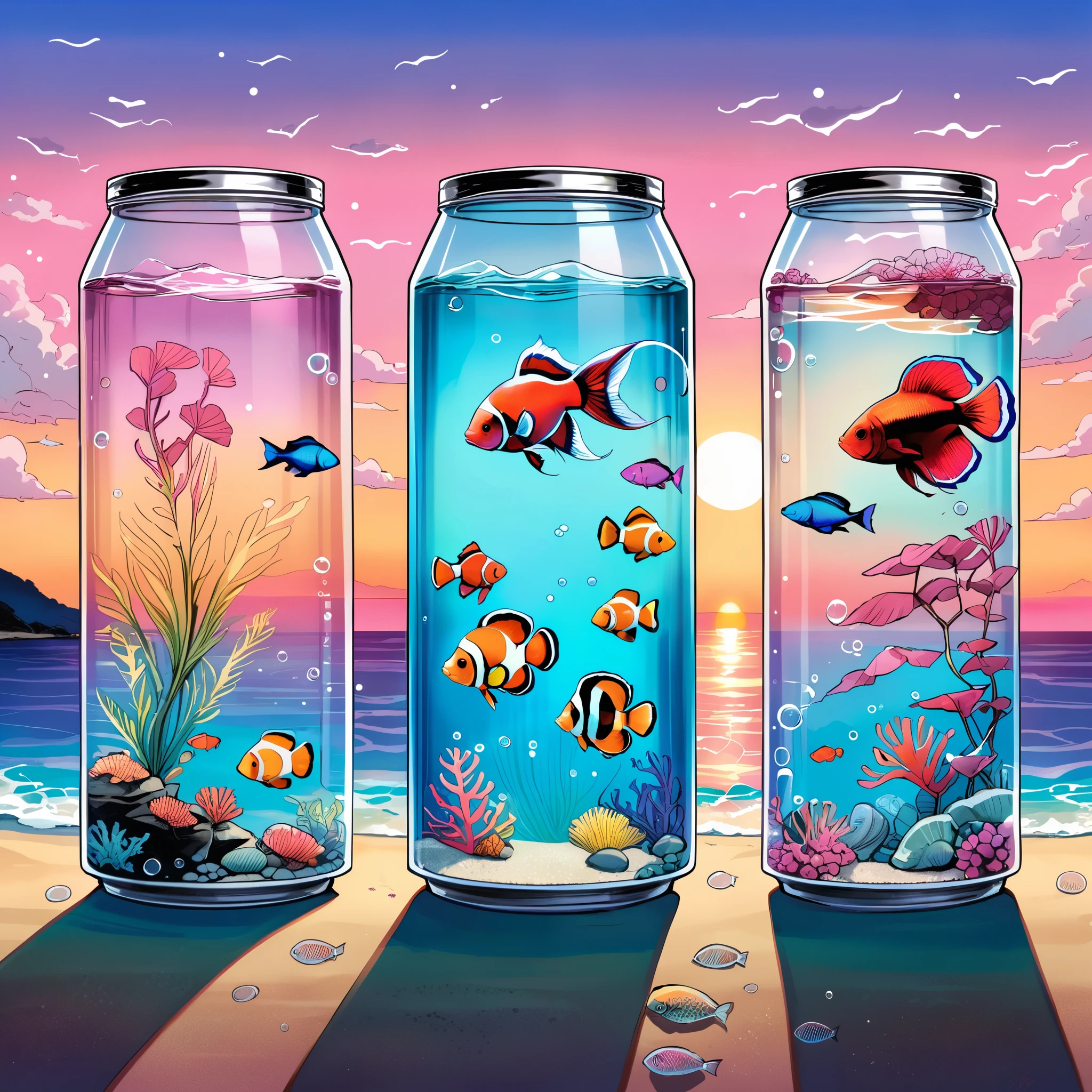 (in style of Santiago Caruso:1.1),3 transparent cans,There are 3 different kinds of fish living in it,Betta,Tropical clown fish,Fluorescent fish,at the seaside,Sunrise background,Pink morning,