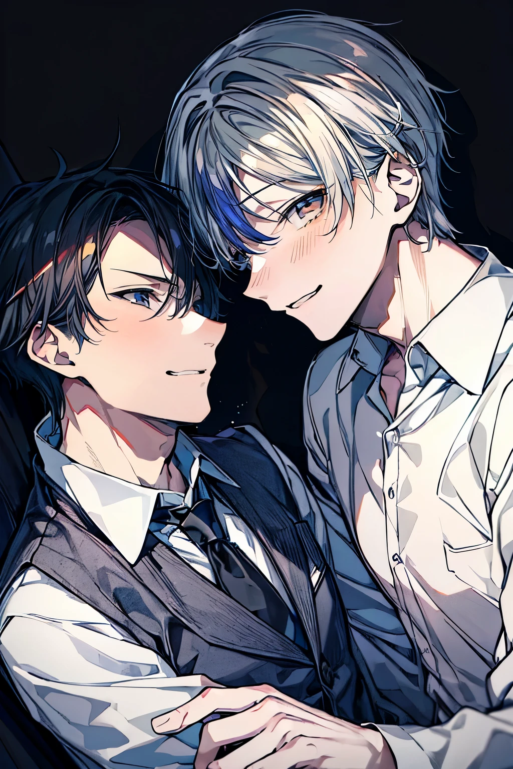 (Mastepiece), (Best Quality), Very detailed, ((Two men intimate)), Perfect Face, Beautiful Face, Very detailed顔,(One black-haired man:1.3),(One white-haired man:1.3),shirt、smile