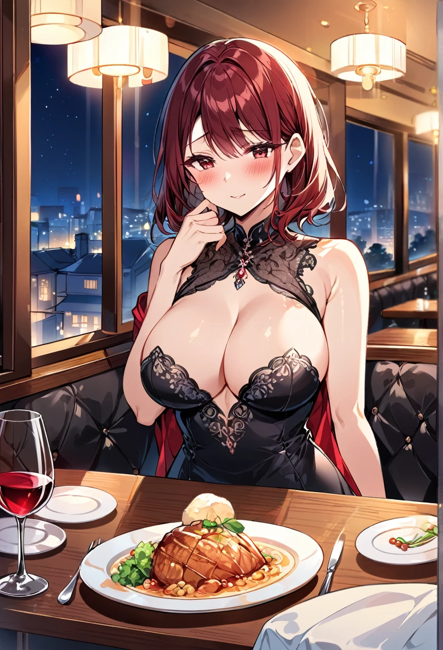 Adult Female, Mature, shy, blushing, short messy dark red hair, shoulder length hair, beautiful make up, dress, sitting in front, dinner table, fancy resturant, table with wine, night time, window seat view, highly detailed, best detail, excellent detail, perfect anatomy, perfect hands, perfect fingers