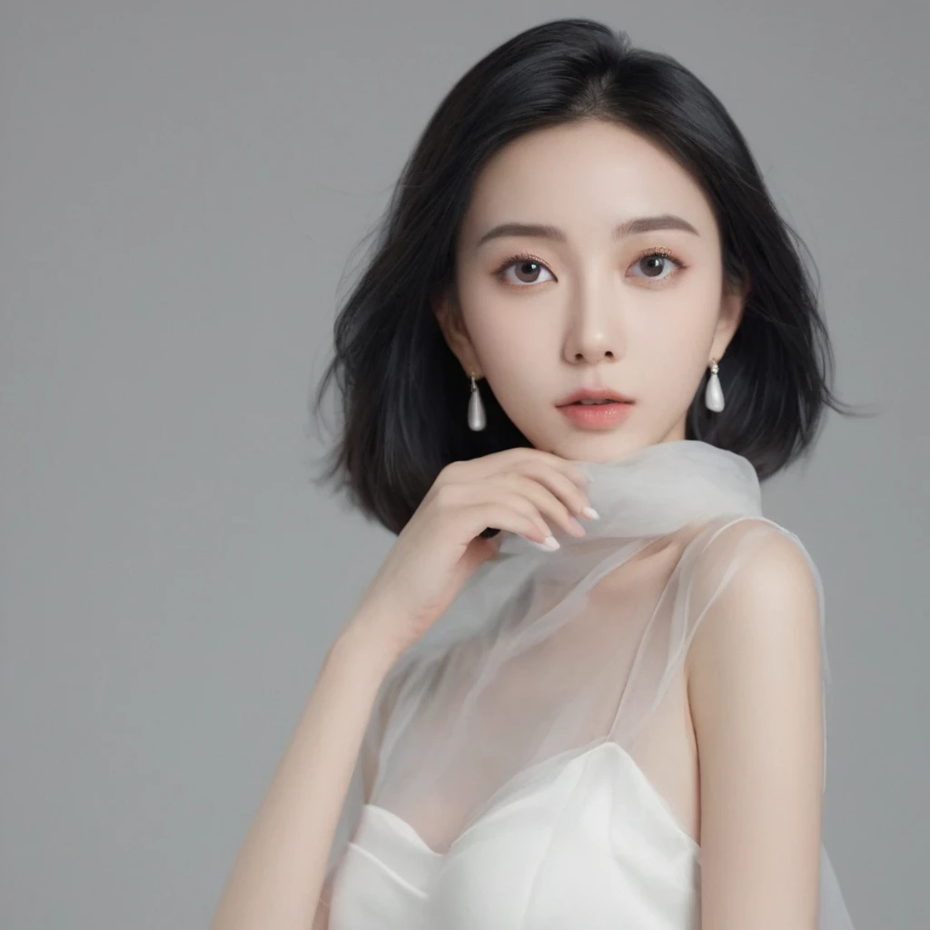 advertising photo,HD,high resolution,highly saturated,pure black background,chinese girl,black hair color hair,big eyes,soft skin,wearing a white dress,