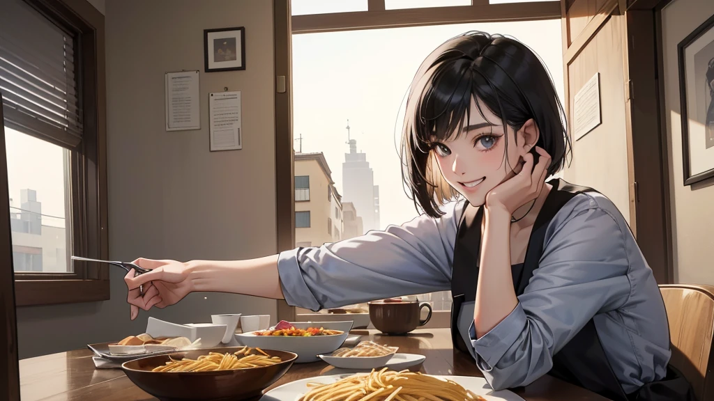 (perfect anatomy:1.2)(absurdres, highres, ultra detailed),masterpiece,best quality,high resolution,8k,Realistic face,Realistic skin texture,magnified textures, stunning clarity,detailed anime girl,(ultra detailed eyes and face),(1 girl:1.2)21years old,she is office worker,lunch time,Italian restaurant in a Japanese district,smile,grin:1.2,black hair, bob cut,natural make,grey jacket and pants,white brouse,light look at winfows,sparkling eyes.small nose,roundface,She looks happy,upper body,Italian restaurant Eating pasta happily