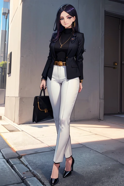 female, pale purple long hair, blue eyes, (((1girl))), (((black blazer))), (white turtleneck shirt), (tan pants), (black heels), (necklace with gold pendant), cute and sexy, full body, big breasts, long legs, smiling