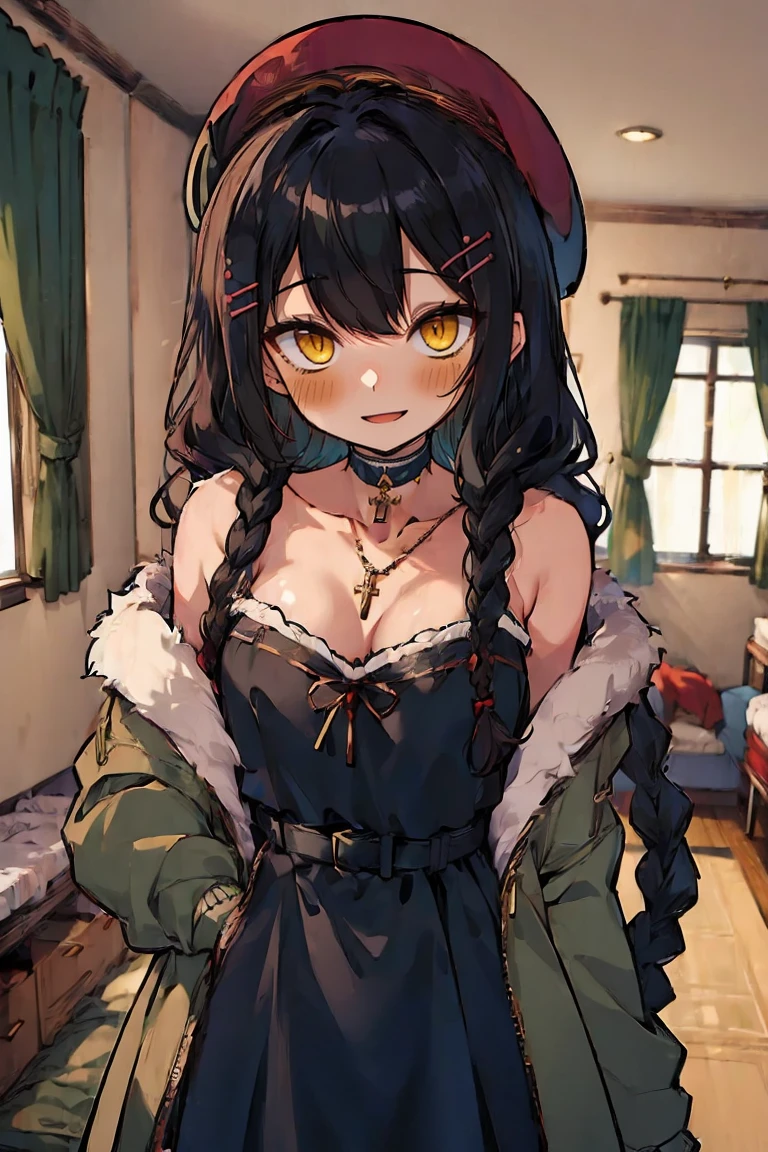 (masterpiece:1.2), (high quality:1.2), (hui xiyi:0.7), rekkyo sensen, rekkyou sensen, girls with((1girl, solo, black hair, yellow eyes, (wavy long hair, wearing a red millitary beret, braids, hairclips:1.55), blush, breasts, choker, cleavage, coat, cowboy shot, navy lace dress, ribbon waist belt, collar, collarbone, rosary, rosary choker, cross, fur, fur trim, parka, khaki hoodie, green hoodie, hood down, hooded coat, hooded jacket, hoodie, jacket, large breasts, long sleeves, medium breasts, open clothes, open coat,open hoodie, sleeveless, winter clothes, zipper, cleavage, upper body, hand up, waving, palm)), background with((bedroom, room:2.0))