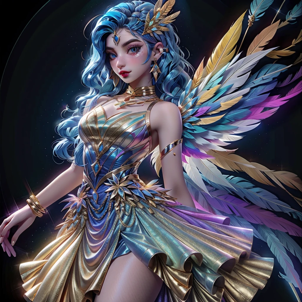 female , ,feather set , skirt , wing , complicated details, colored light background , , , The most beautiful model , complete ,blue hair ,blue dress, , Gold Jewelry , realistically (1 girl 1.3)