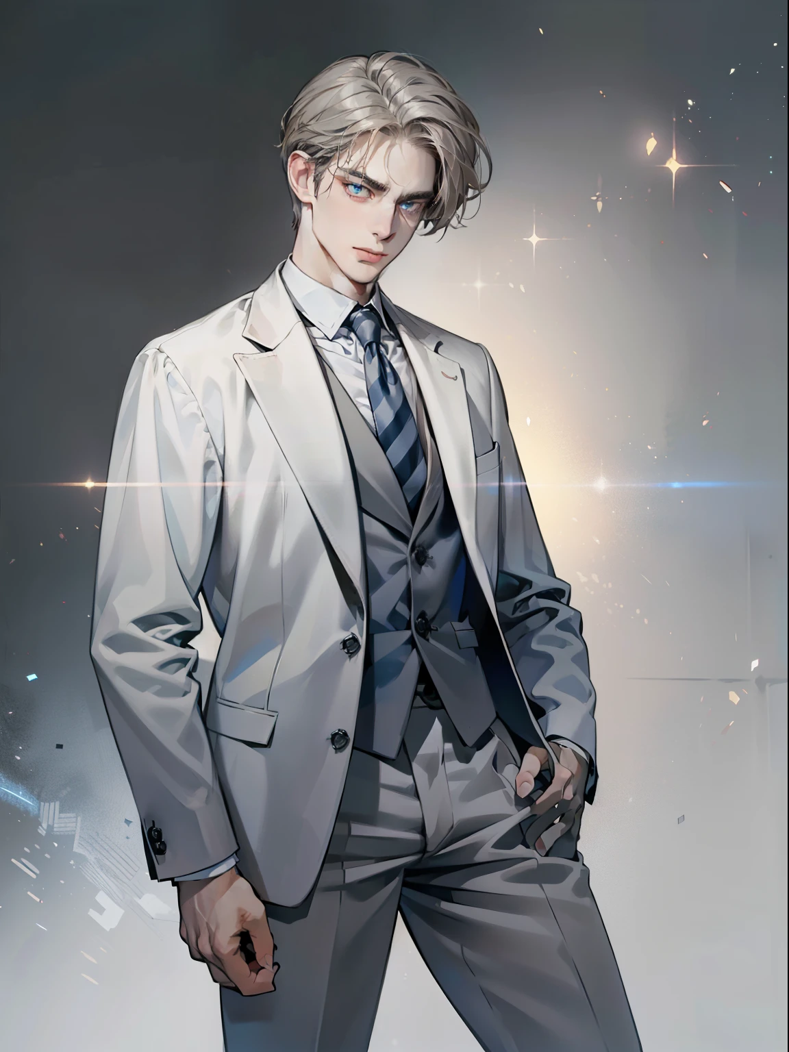 masterpiece, best quality, realistic, 1man, mature male, quiet and charming young man, 41 year old, serious look, closed mouth, portrait, extremely detailed face, cold smile, ((dark grey blue eyes)), ((short-right-swept dark white hair)), [thick eyebrows], ((suit)), handsome, full body, western, Jewish, light brown skin,