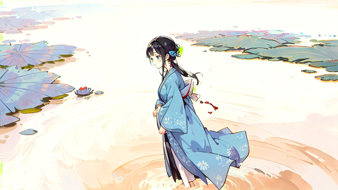 ((4K,masterpiece,Highest quality)), Shui Movissim, Traditional Chinese Ink Painting, Lotus,  Hanfu, Maxi Kit, A girl dressed modestly, alone, Long Blue Hair, smile, Are standing, Soak your feet in water, barefoot,
 