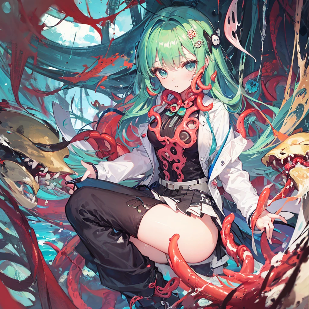 Girl captured by tentacles in abandoned factory Tentacles in a skirt Pants fabric texture
