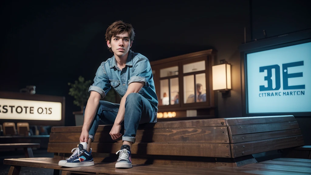 Create a 3D animation image from Pixar, the character is a man with short brown hair, brown eyes, light skin, blue blouse, jeans and black sneakers. He is sitting on a bench in a square with a tired face. Ensure the illustration has a warm and inviting atmosphere, the image is rendered in high definition, capturing the exciting essence of the moment, and the composition exudes cinematic quality, Typography, Concept Art, Photo, Illustration, 3D Rendering, Cinematic , poster, vibrant, portrait photography, that is visually appealing to young people, use vibrant colors.