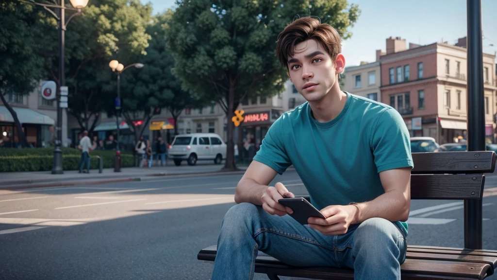 Create a 3D animation image from Pixar, the character is a man with short brown hair, brown eyes, light skin, blue blouse, jeans and black sneakers. He is sitting on a bench in a square with a tired face. Ensure the illustration has a warm and inviting atmosphere, the image is rendered in high definition, capturing the exciting essence of the moment, and the composition exudes cinematic quality, Typography, Concept Art, Photo, Illustration, 3D Rendering, Cinematic , poster, vibrant, portrait photography, that is visually appealing to young people, use vibrant colors.