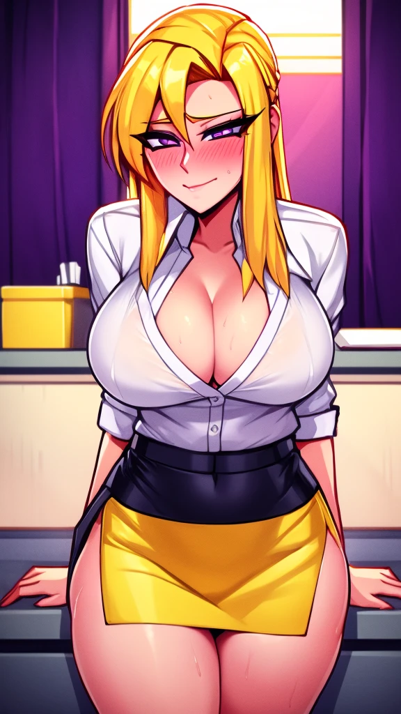A sensual sexy woman beautiful big breast beautiful attraction long blonde yellow hair her gray eye wears white button down shirt office shows chest red bra and a short purple skirt she kisses young boy blushes she