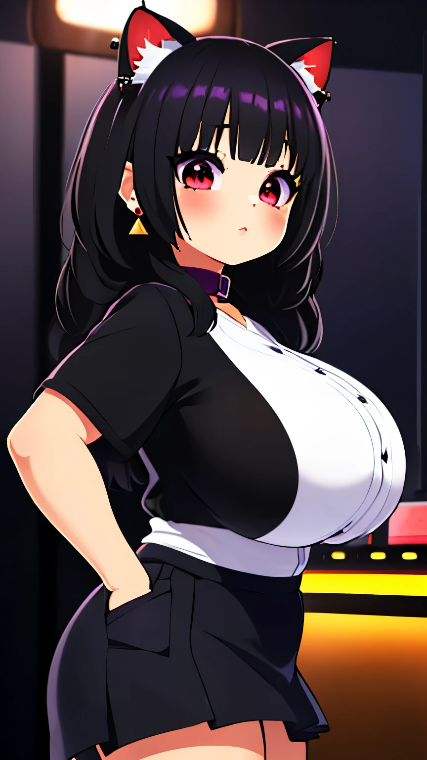 ((junkotvv cabello negro, ojos rojos, orejas de gato, coletas)), ((Safety、Absolutely safe、Safe and secure、All ages、Safetyセンサー)), (cinematic lighting、key light:Front diagonal 45 degrees, fill light、Backlight、Shadow、blue and orange color palette), accurate human body、knowledgeable person、Correct five-finger、Raw photo、 4K - ultra-vivid、highest quality, masterpiece, ultra high resolution, (reality: 1.4),
(((oil skin,glowing skin、realistic skin texture、fine and beautiful skin、shiny skin、shiny skin)))、
upper body shot, camera angle is low, written boundary depth, Focus on the center, fine eyes, perfect face and eyes、
At amusement facilities, game machine, game machine,
girl, early s, black oversized shirt with pockets, black mini skirt, Purple collar, earrings,
thin, Are standing , Naughty,
zettai ryouiki, Absurd Solution, absurd, highest quality, (((big breasts)))、