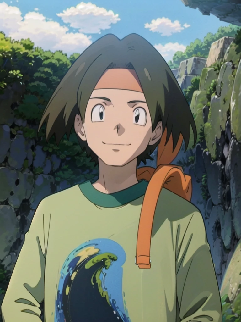 Tracey, solo, smile, shirt, 1boy, closed mouth, upper body, male focus, outdoors, sky, cloud, black eyes, green shirt, anime coloring pokemovies, sugimori ken, ken sugimori ken \(style\), masterpiece, 8k, best quality, happy, smile, anime screencap, zoom out, landscape, sea, daytime, sunlight, concept art, anime background,