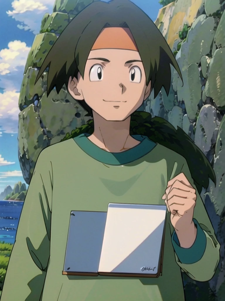 Tracey, solo, smile, shirt, 1boy, closed mouth, upper body, male focus, outdoors, sky, cloud, black eyes, green shirt, anime coloring pokemovies, sugimori ken, ken sugimori ken \(style\), masterpiece, 8k, best quality, happy, smile, anime screencap, zoom out, landscape, sea, daytime, sunlight, concept art, anime background,