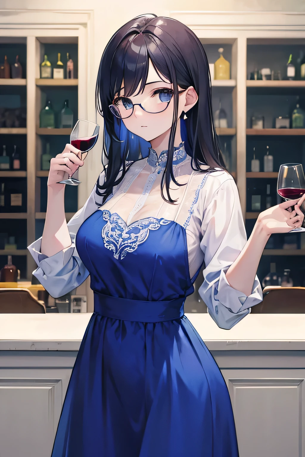 A beautiful president，wearing glasses，Wearing a blue dress，Holding a glass of wine and talking to people at a 