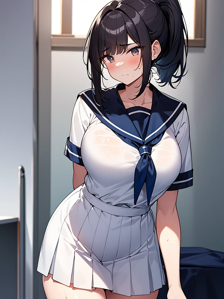 Ponytail White sailor uniform short sleeves:1.9 Dark blue collar Dark blue scarf Dark blue uniform pleated skirt Anime drawings with vivid colors Tall women:1.9 Standing pose, sweat, breasts, buttocks, troubled face, glaring, wrinkled brows, flushed cheeks, night:1.3 Apartment bedroom, white sheets, short black hair, straight hair, bangs swept to the side:1.9. Slanted eyes, brown eyes, tall, big breasts, strong-willed, beautiful