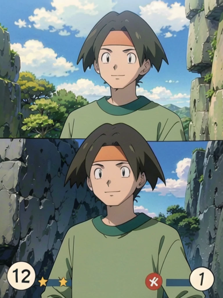 Tracey, solo, smile, shirt, 1boy, closed mouth, upper body, male focus, outdoors, sky, cloud, black eyes, green shirt, anime coloring pokemovies, sugimori ken, ken sugimori ken \(style\), masterpiece, 8k, best quality, happy, smile, anime screencap, zoom out, landscape, sea, daytime, sunlight, concept art, anime background,