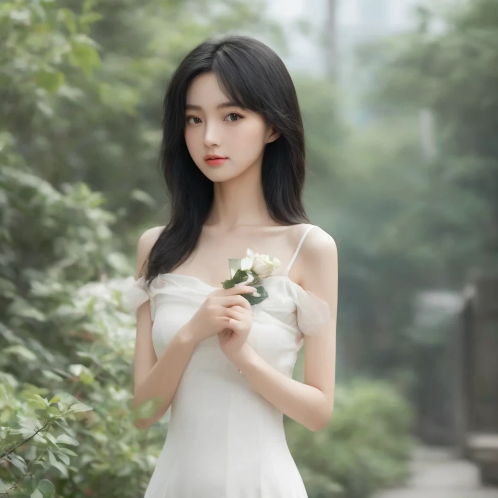 advertising photo,HD,high resolution,highly saturated,pure black background,chinese girl,black hair color hair,big eyes,soft skin,wearing a white dress,