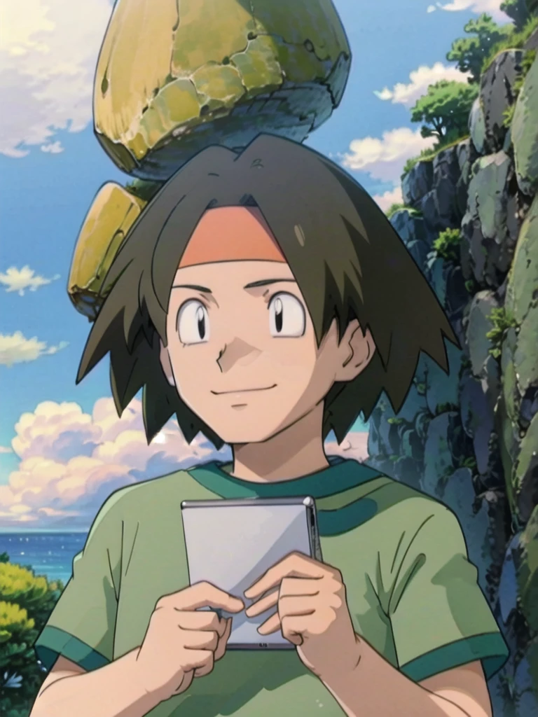 Tracey, solo, smile, shirt, 1boy, closed mouth, upper body, male focus, outdoors, sky, cloud, black eyes, green shirt, anime coloring pokemovies, sugimori ken, ken sugimori ken \(style\), masterpiece, 8k, best quality, happy, smile, anime screencap, zoom out, landscape, sea, daytime, sunlight, concept art, anime background,