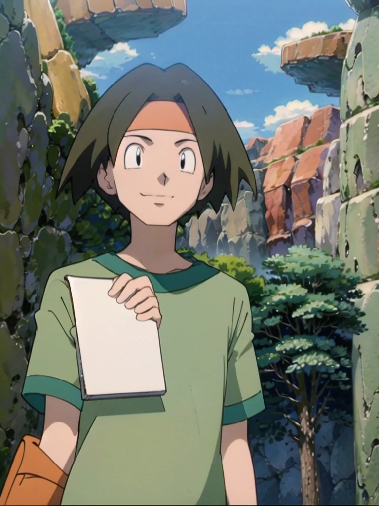Tracey, solo, smile, shirt, 1boy, closed mouth, upper body, male focus, outdoors, sky, cloud, black eyes, green shirt, anime coloring pokemovies, sugimori ken, ken sugimori ken \(style\), masterpiece, 8k, best quality, happy, smile, anime screencap, zoom out, landscape, sea, daytime, sunlight, concept art, anime background,