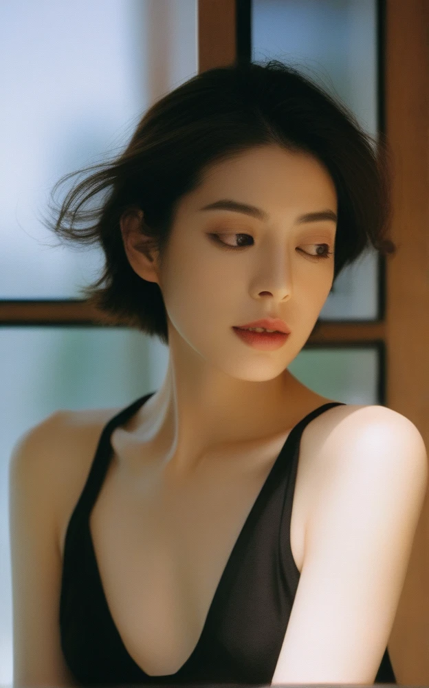 Close-up candid portrait photo of artistic young Korean woman, Retro-future, Movie stills, ((alone)), (Looks like Anne Hathaway: 0.9), Sit by the window, The sun shines on her face, Soft romantic lighting, Summer day, Leica SL3, Summicron SL75f/2. Asf, Kodak Gold 200 Film, Bare shoulders, Dynamic action poses,Wearing camisole so thin and black that underwear shows through, underwear showing through, graceful woman, noble atmosphere, celebrity, beautiful dark hair, delicate face, detailed eyes, arms up, hair touching back.