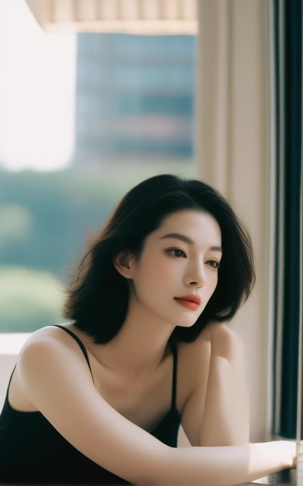 Close-up candid portrait photo of artistic young Korean woman, Retro-future, Movie stills, ((alone)), (Looks like Anne Hathaway: 0.9), Sit by the window, The sun shines on her face, Soft romantic lighting, Summer day, Leica SL3, Summicron SL75f/2. Asf, Kodak Gold 200 Film, Bare shoulders, Dynamic action poses,Wearing camisole so thin and black that underwear shows through, underwear showing through, graceful woman, noble atmosphere, celebrity, beautiful dark hair, delicate face, detailed eyes, arms up, hair touching back.