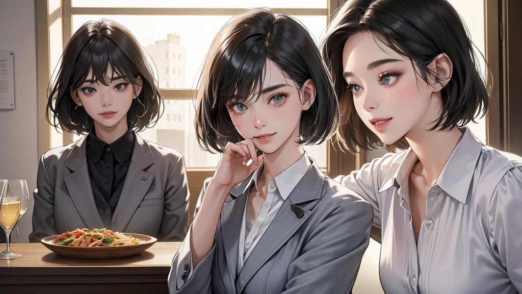 (perfect anatomy:1.2)(absurdres, highres, ultra detailed),masterpiece,best quality,high resolution,8k,Realistic face,Realistic skin texture,magnified textures, stunning clarity,detailed anime girl,(ultra detailed eyes and face),(1 girl:1.2)21years old,she is office worker,lunch time,Italian restaurant in a Japanese district,smile,grin:1.2,black hair, bob cut,natural make,grey jacket and pants,white brouse,light look at winfows,sparkling eyes.small nose,roundface,She looks happy,upper body,Italian restaurant Eating pasta happily