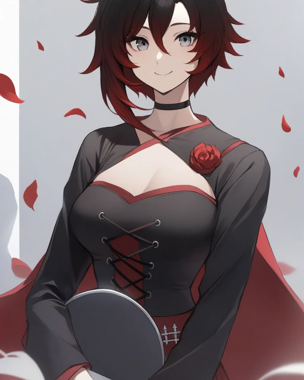 masterpiece,best quality,ruby rose, 1girl, solo, smile, looking at viewer, upper body, red cape, ahoge, petals, black choker, white background, closed mouth, hair between eyes, corset, long sleeves, shiny hair, bangs, character name, Standing in a bedroom, 