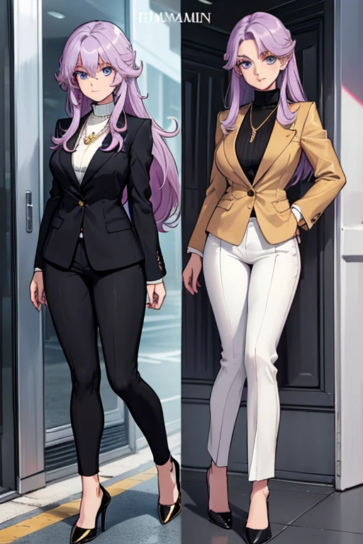 female, pale purple long hair, blue eyes, (((1girl))), (((black blazer))), (white turtleneck shirt), (tan pants), (black heels), (necklace with gold pendant), cute and sexy, full body, big breasts, long legs, smiling