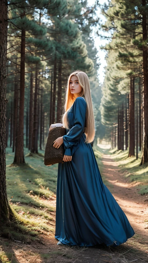 Pine forest with long fir trees, dusk, darkness, a woman with medium length blonde hair in a blue long satin dress with long sleeves holding a black horse by the oud, mystic, mysterious, good quality