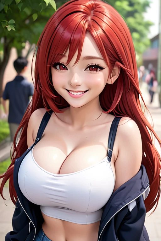 (high quality:1.1),pretty,1 high school student girl,red hair color,middle long hair style,smile,(large breasts:1.4),