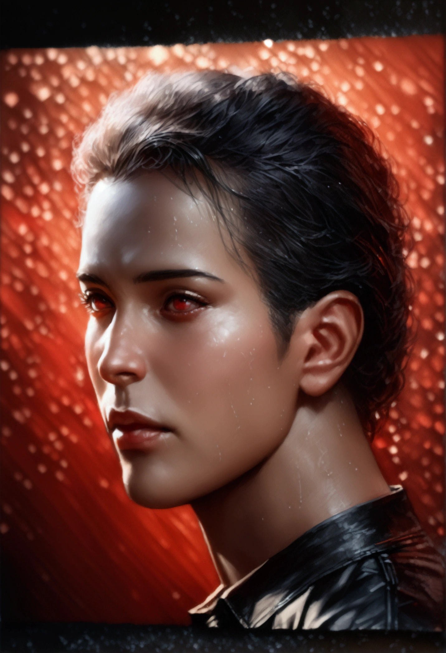 A handsome young boy with charming black hair and white strands, red eyes looking seductively, wearing a , with a juicy neck, smooth skin, and long lashes, in a red environment, portrait, 3/4 face view, (best quality,4k,8k,highres,masterpiece:1.2),ultra-detailed,(realistic,photorealistic,photo-realistic:1.37),HDR,UHD,studio lighting,ultra-fine painting,sharp focus,physically-based rendering,extreme detail description,professional,vivid colors,bokeh,portrait