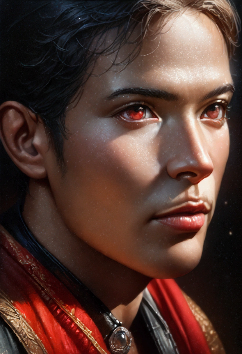 A handsome young boy with charming black hair and white strands, red eyes looking seductively, wearing a , with a juicy neck, smooth skin, and long lashes, in a red environment, portrait, 3/4 face view, (best quality,4k,8k,highres,masterpiece:1.2),ultra-detailed,(realistic,photorealistic,photo-realistic:1.37),HDR,UHD,studio lighting,ultra-fine painting,sharp focus,physically-based rendering,extreme detail description,professional,vivid colors,bokeh,portrait