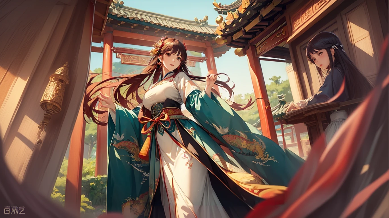 Anime girl in traditional dress standing in front of a pagoda, palace ， Girl in Han Dress, Flowing hair and long robes, Beautiful character drawings, Gweiz-style artwork, guweiz on pixiv artstation, Guweiz on ArtStation Pixiv, Artjam and Athi Gairan, Beautiful anime artwork
