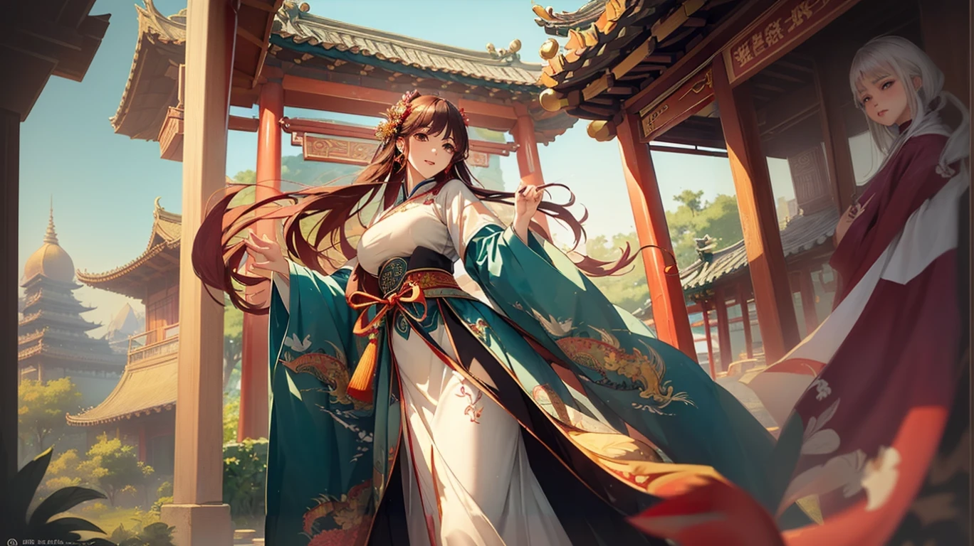 Anime girl in traditional dress standing in front of a pagoda, palace ， Girl in Han Dress, Flowing hair and long robes, Beautiful character drawings, Gweiz-style artwork, guweiz on pixiv artstation, Guweiz on ArtStation Pixiv, Artjam and Athi Gairan, Beautiful anime artwork