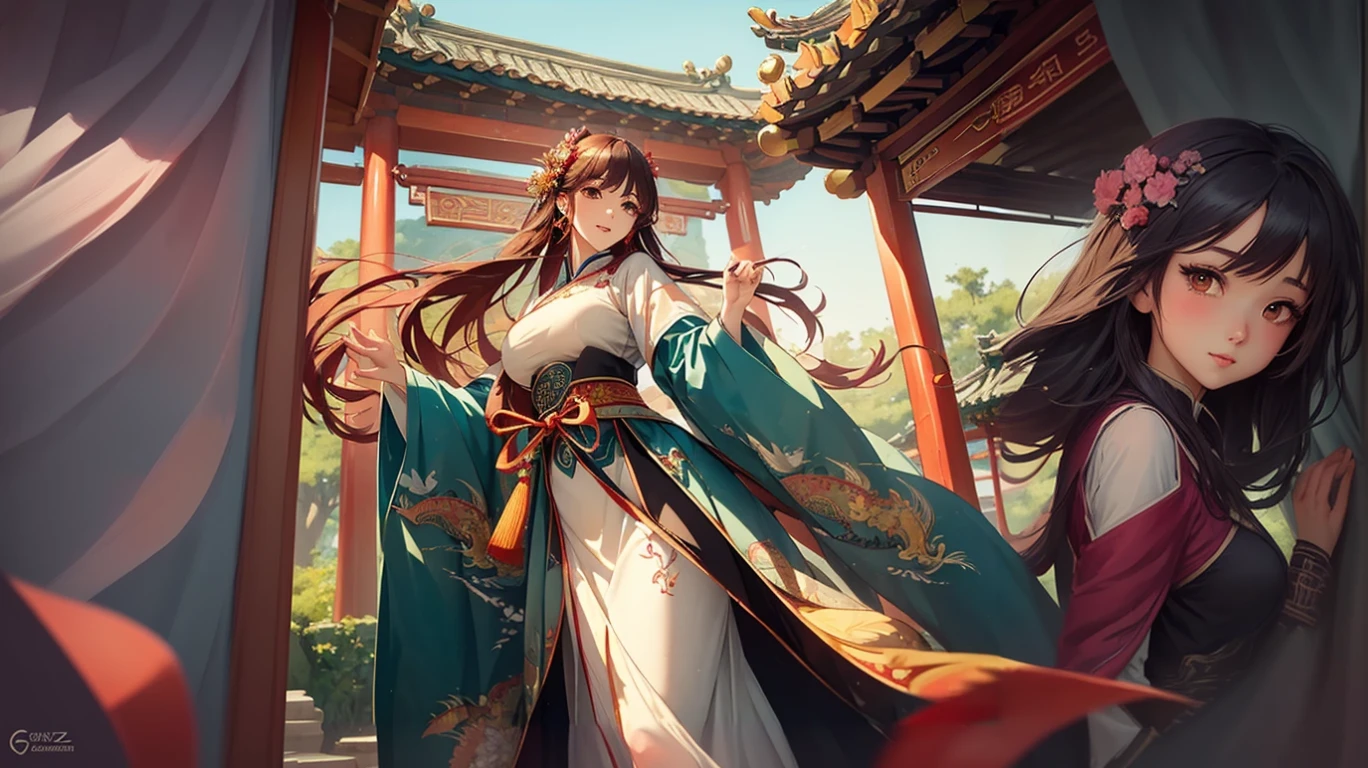 Anime girl in traditional dress standing in front of a pagoda, palace ， Girl in Han Dress, Flowing hair and long robes, Beautiful character drawings, Gweiz-style artwork, guweiz on pixiv artstation, Guweiz on ArtStation Pixiv, Artjam and Athi Gairan, Beautiful anime artwork